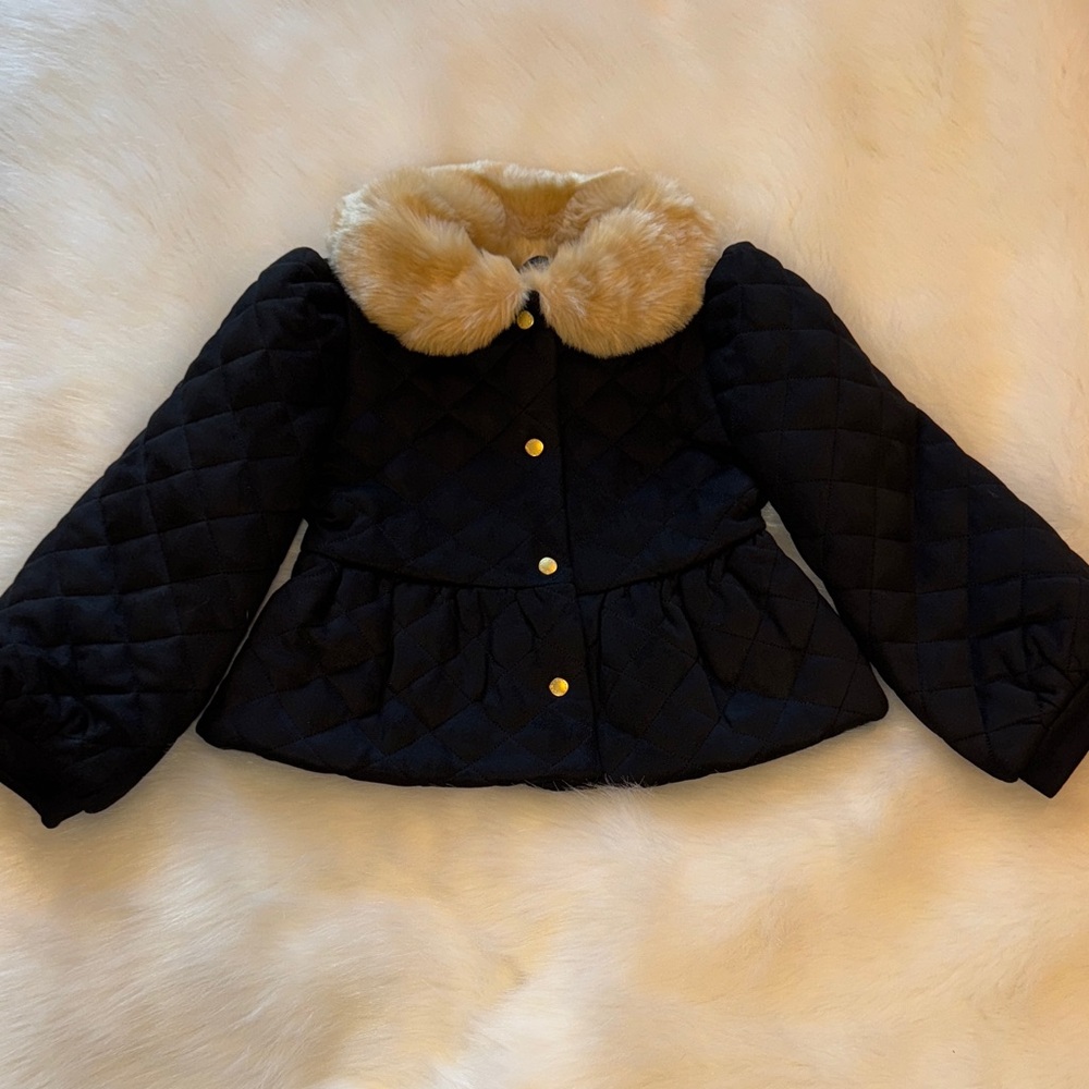 NWT! Janie and Jack Black Quilted peplum Puffer with Faux Fur Collar. Size 5-6